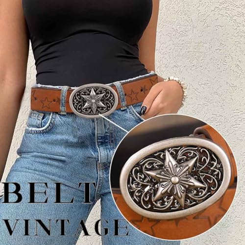 Tgirls Western Belt Vintage Star Leather Belt for Jeans Butterfuly Buckle Cowgirl Cowboy Waist Belts3