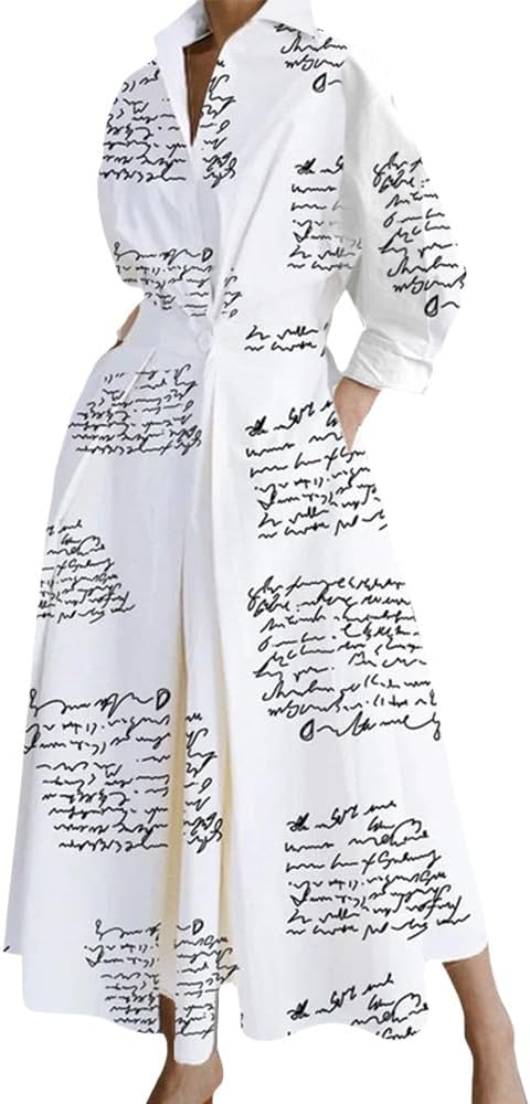 Women's Pleated Long Sleeve Maxi Shirt Dress Elegant Button Printed Long Shirt Dress A-line Swing Party Dress