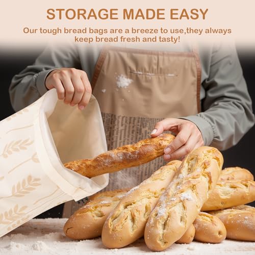 LAKE OF FIRE 16.9\"x12.6\" Reusable Bread Storage Bags for Homemade Bread with Reusable 2 Bowl Covers,Large Sourdough Bread Bags Storage Box Food Cloth Bag(Beige + Wheat)