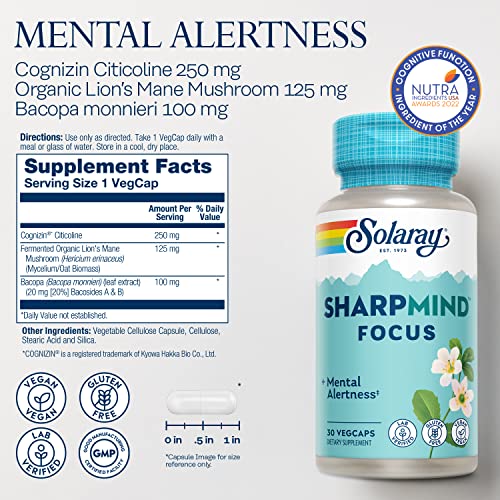 Solaray Sharpmind Focus, Mental Alertness Nootropic Supplement, Memory Support, Each Capsule With Cognizin Citicoline, Vegan, 60 Day Money Guarantee, 30 Serv 30 Vegetarian Capsules Pills #TOP1