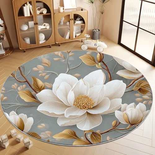 Tapete redondo lavable de 5 pies con flores magnolia miniatura 4