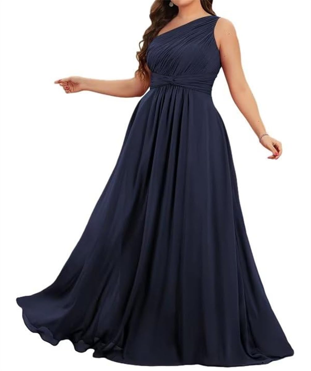 Wseyu Women's Navy Blue One Shoulder Bridesmaid Dresses For Wedding With Ruched Long Formal Party Gowns Uk18