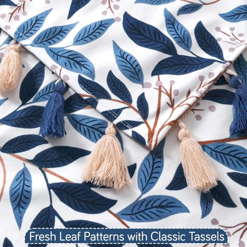 Image of HOKIPO Printed Holland Velvet Sofa Cover with Tassel for 1 /2 /3 Seater & L Shape Sofa | Make Your Own Set, 'Whispers of Nature' Sofa Mat, 70(W) x 120(L) cm, Indigo Foliage (NEW-IN-1119-D10)