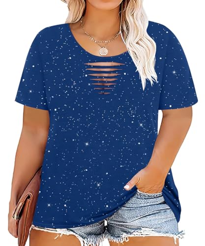 Image of CARCOS Plus Size Tops for Women Short Sleeve Shirts Basic Tee Solid Color Blouse V Neck Tunic Loose Fit Tshirts Summer XL-5XL