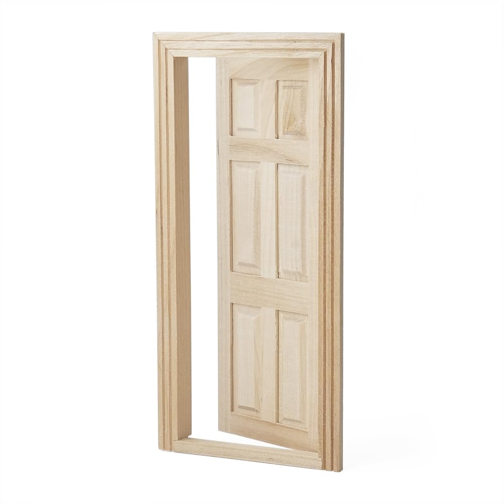 Odoria Dollhouse Front Door Miniature: 1/12 Scale Panel Doors for Elf Fairy Garden Outdoor - Tiny Furniture Building Construction Model - Mini Entry Gate Unfinished Wood, Flat Top, Inswing