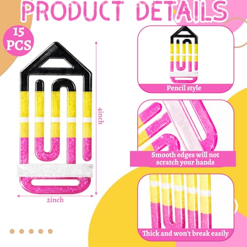 Geyoga 15 Pcs Back to School Supplies Jumbo Teacher Acrylic Paper Clips 4 Inch Teacher Appreciation Glitter Pencil Paperclips Cute Large Bookmark for Back to School Gifts Classroom Office Supplies - Image 2