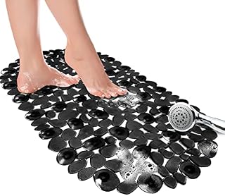 KingSaid Shower Mats Anti-Mould Anti Slip Bath Mats Frosted Pebble PVC Oval Bathtub Mat with Drain Holes and Strong Suction Cups Grip 67x 35cm for Bathroom Hotel Pet Shower (Black)