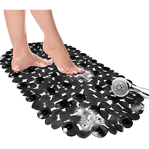 KingSaid Shower Mats Anti-Mould Anti Slip Bath Mats Frosted Pebble PVC Oval Bathtub Mat with Drain Holes and Strong Suction Cups Grip 67x 35cm for Bathroom Hotel Pet Shower (Black) Cover