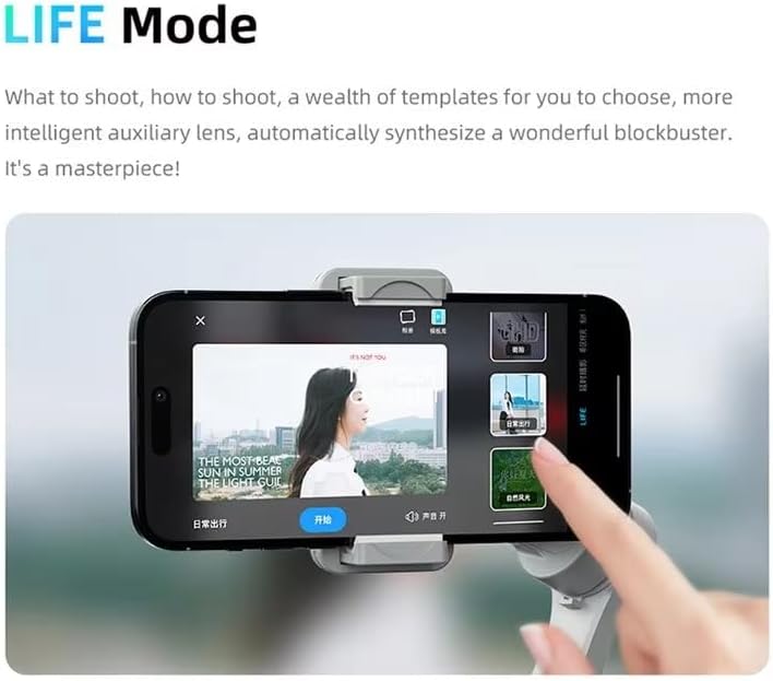 Smartphone screen displaying various video templates and options within LIFE Mode on the M01 gimbal.