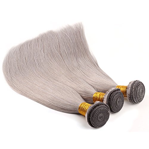 Remy Brazilian Hair 3 Bundles Straight Human Hair Weave Extensions Silver Gray 16"18"20"
