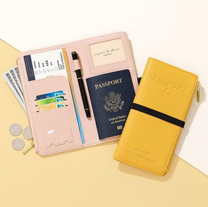 DOB SECHS Leather Passport Wallet for Women, RFID Blocking Passport Holder with Zipper for Travel, Credit Card Cover Case, Travel Document Organizer Pouch Bag +ID Window+Cash Pocket+SIM Slot, Pink - Image 2