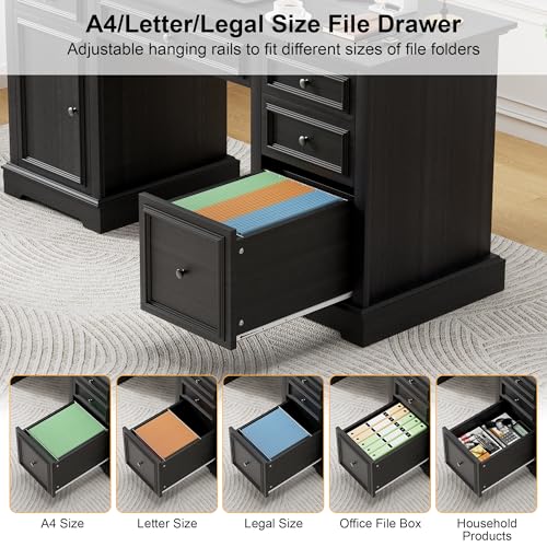 Vipbear 60\" Executive Desk, Farmhouse Computer Desk with Drawers and File Cabinet, Embossed Texture Home Office Desks, Workspace for Work Study Writing, Black