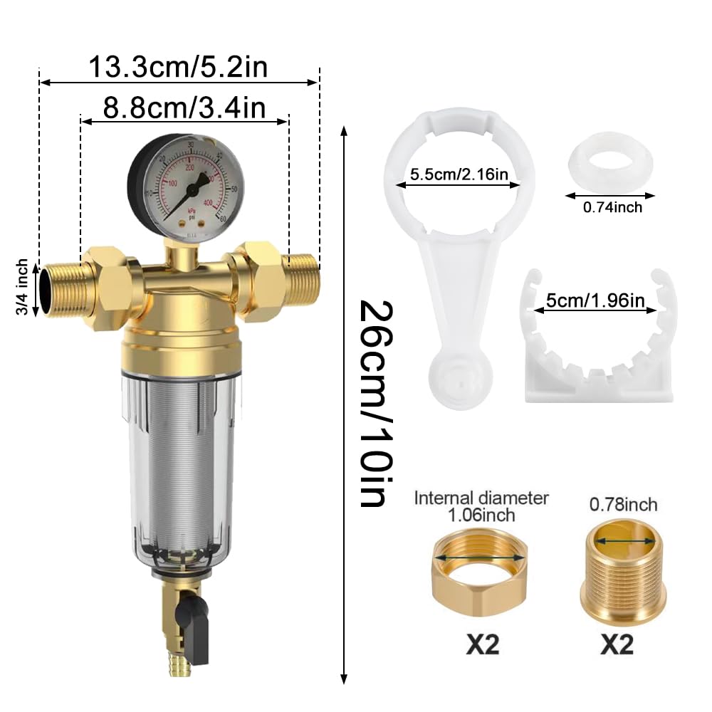 Riduttore di pressione dell'acqua, 3/4 pollici, aria compressa con filtro e manometro, riduttore di pressione dell'acqua, raccordi sicuri e durevoli, per la regolazione di filtri dell'acqua