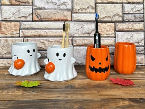 Ceramic Toothbrush Holder for Bathroom Tooth Brush Holder for Bathroom Toothbrush Cup Toothbrush Holders Cute Halloween Decor & Accessories (Pumpkin with Pattern) — view 5