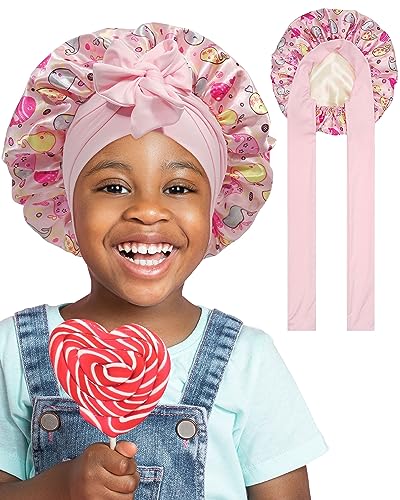Satin Bonnet for Kids Silk Bonnets for Sleeping Curly Hair Bonnet with Elastic Tie Band Double Layer Sleep Cap for Girls Boys 3-7 Years (Beige + Pink Whale)