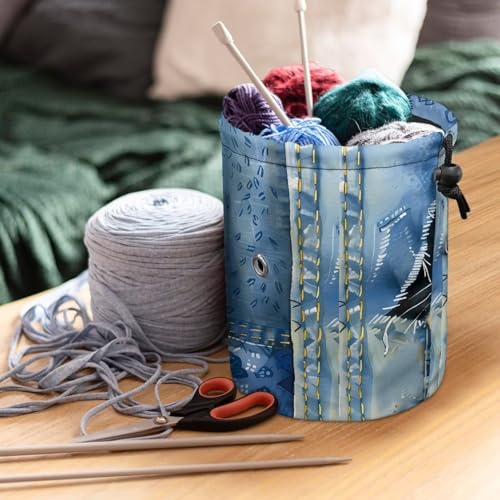 Image of Sellikakes Yarn Bag with Drawstring, Jeans Cats Knitting Crochet Yarn Storage Bags Organizer Crochet Accessories for Crocheting Project, Store Skein Ball,Short Knitting Needles
