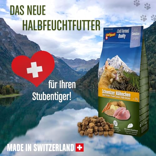 DeliBest Adult Sensitive Complete Cat Hähnchen I Halbfeuchtes Futter für Katzen Adult I aus 100% Schweizer Hähnchenfleisch I getreidefrei & ohne andere Zusätze I Katzenfutter kaltgepresst I 4x600g