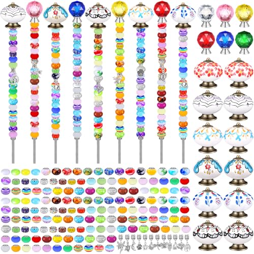 Hicarer 248 Pcs DIY Fairy Wand Kit Beaded Garden Stakes with 6 Threaded Rod Nuts 6 Crystal Stopper Top 6 Ceramic Pumpkin Mushroom Top 212 Diamond Glass Bead 12 Silver Pendant for Outdoor Decoration