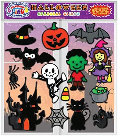 JesPlay Halloween Flexible Gel Clings - Pumpkins, Bat, Witch and More Holiday Window Clings for Kids and Toddlers - Removable and Reusable Gel Decal Decorations