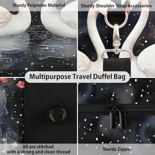 Swans White Pattern Travel Duffel Bag for Women Men Foldable Sport Gym Tote Bag Lightweight Waterproof Weekender Overnight Bag for Weekend Holiday Gym Swim Yoga3