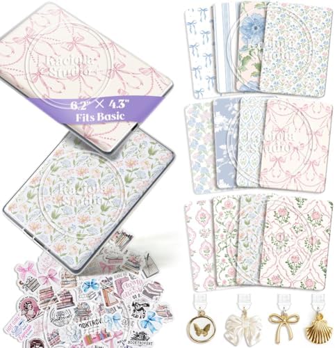Kaciola 12PCS Inserts Cardstock and 4PCS Charms for E-reader with 50PCS Stickers for Insert, 6.2″x4.3″ Vintage Flower Theme Back Cover Accessories for E-Reader Basic, Gifts for Booklovers