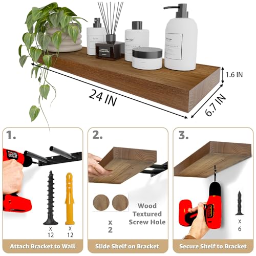 Image of IAE Walnut Floating Wall Shelves 24 inch, Bathroom Shelf Wall Mounted,Invisible Shelf Floating Kitchen Shelves,Wooden Wall Shelving with Brackets for Living Room Wall Mounted,Easy Install,Set of 2