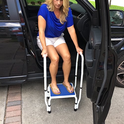 Adjustastep(Tm) Doublesafe Deluxe Step Stool/Footstool With Dual Handle/Handrail, Height Adjustable. Modern White/Blue Design. Padded Non-Slip Hand Grips #TOP3