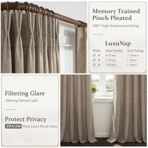 Pinch Pleated Semi Sheer Linen Living Room Curtains 96 Inches Long, Dark Flax Memory Shape Light Filtering 8FT Length Curtain for Bedroom Brown Privacy Rustic Windows Drapes 50 Inch Wide 2 Panels Set by LuxuNap - Image 3