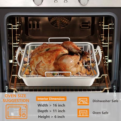 LIANYU 14 Inch Roasting Pan, Turkey Roaster with 2 Racks, Heavy Duty Stainless Steel Deep Broiling Lasagna Pan for Turkey, Chicken, Dishwasher Safe - Thumbnail 5