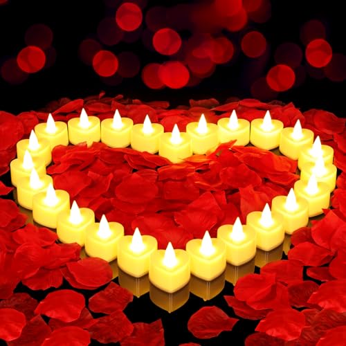gobutend Lot de 2 000 pétales de rose artificiels avec 24 bougies romantiques sans flamme, bougies chauffe-plat LED en forme de cœur fonctionnant à piles pour une...