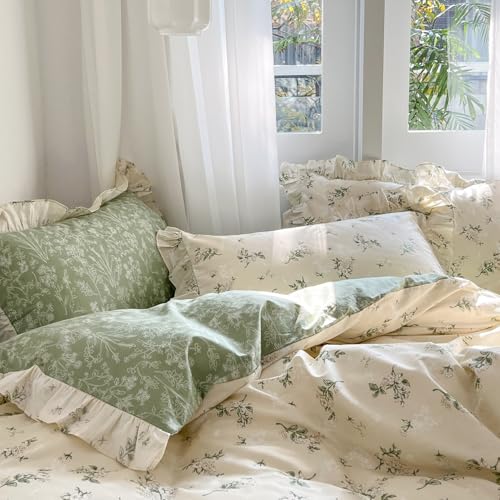 Image of MKXI King Duvet Cover Set Beige Floral Ruffled Bedding Cottagecore Floral Comforter Cover Green Reversible Aesthetic Bed Set Cotton Elegant Style with Pillow Shams