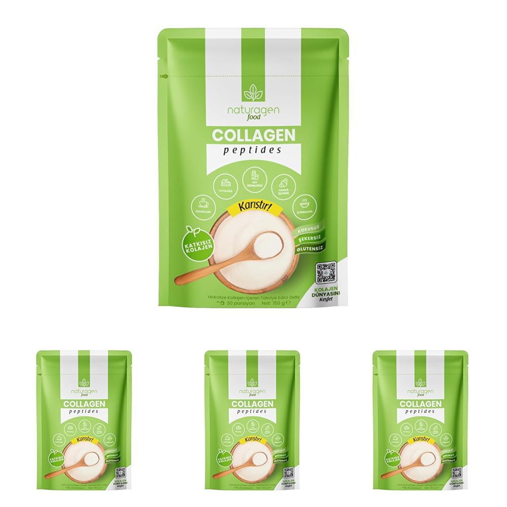 Naturagen Gurme%100 Saf Toz Kolajen | Collagen Peptides 150 gr (Tip 1 & Tip 3 Sığır Toz Kolajen Peptit) Helal Sertifikalı (1) (4 paketi)