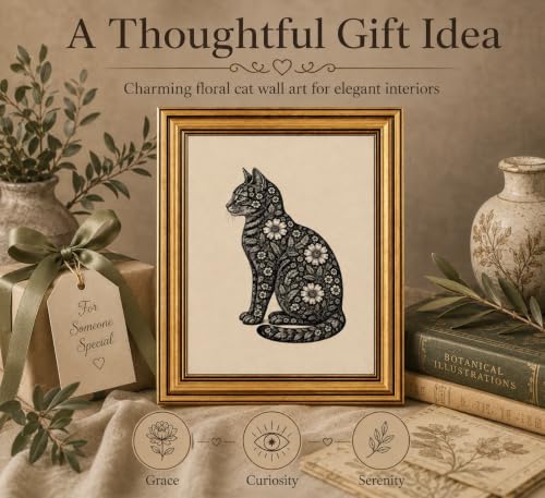 Image of Gold Framed 3D Textured Wall Art, Vintage Floral Cat Canvas Print, 9x11in