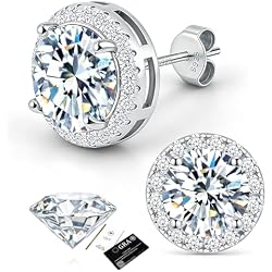 Moissanite Earrings Studs, 0.5CT-2CT 18K White Gold Plated 925 Sterling Silver Hypoallergenic Stud Earrings for Women Men, Round Moissanite Studs Earrings for Sensitive Ear D Color VVS1 GRA