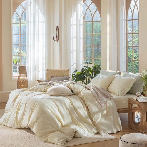 Image of MooMee Duvet Cover Set 100% Washed Cotton Linen Like Queen | Relaxed Linen-like Texture. Soft, Breathable & Long-lasting Comfort. Lightweight. Hidden Zipper with 8 Interior Corner Ties