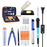 Soldering Iron Kit, 60W Adjustable Temperature Soldering Iron with ON/OFF Switch, 5 Soldering Tips, 6 Aid Tips, Solder Sucker, Tin Wire Tube, Tweezers, Scissors, Soldering Stand in Portable Tool Bag