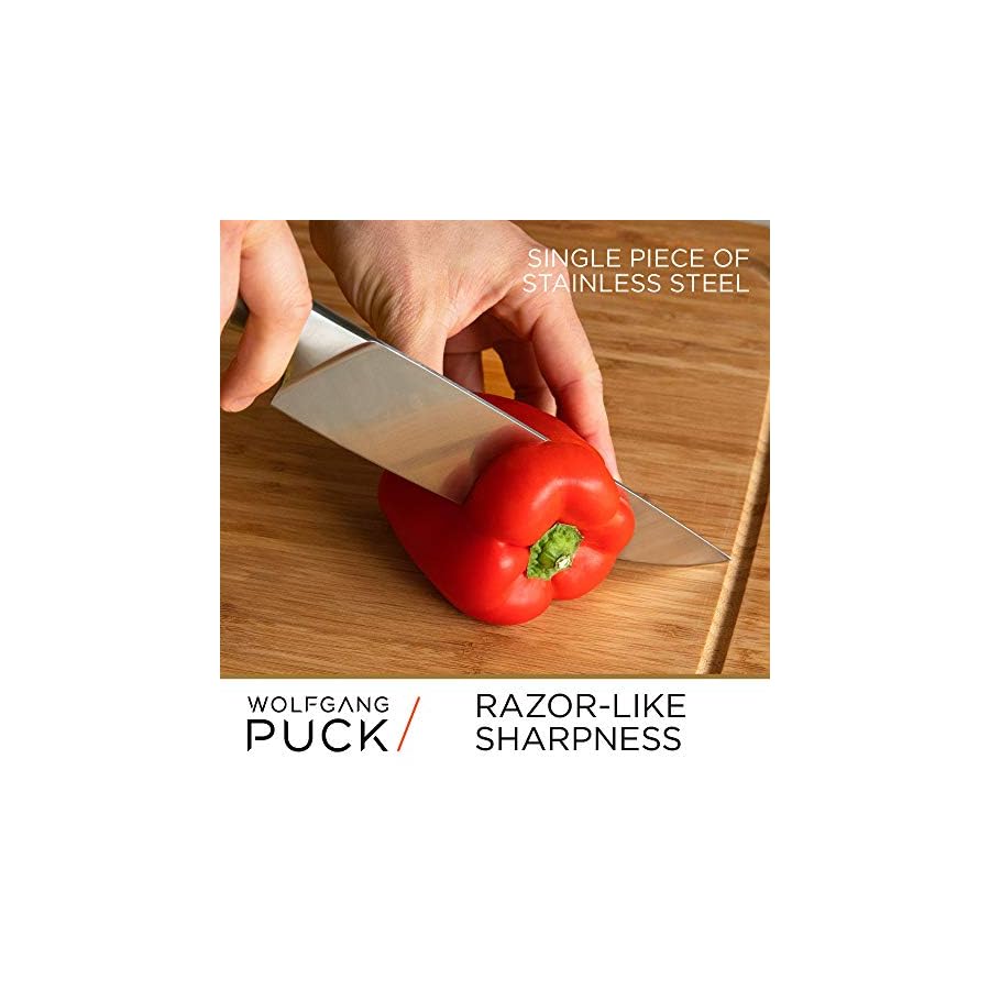 Wolfgang-Puck-6-Piece-Fully-Forged-Stainless-Steel-Knife-Set-with-Knife-Block-Carbon-Stainless-Steel-Blades-and-Ergonomic-Handles-Blonde-Wood-Block-with-Acrylic-Safety-Shield-Chef-Quality-Cutlery Wolfgang Puck 6-Piece Fully-Forged Stainless Steel Knife Set with Knife Block; Carbon Stainless Steel Blades and Ergonomic Handles; Blonde Wood Block with Acrylic Safety Shield; Chef Quality Cutlery