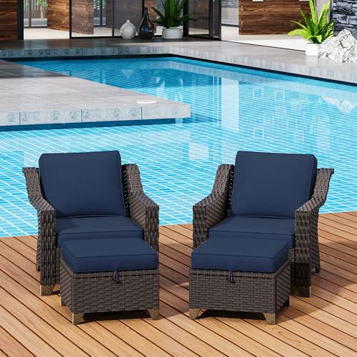 Image of 4 Pieces Patio Conversation Furniture Set - 2 Chairs with Ottomans Set of 2, Outdoor Wicker Armchairs with Water-Resistant and Washable Cushions for Porch, Balcony, Sunroom (Navy Blue) | Patio Chair Set with Olefin Removable Cushion, All-Weather Outdoor Couch with Deep Seat for Porch, Deck and Backyard, Blue