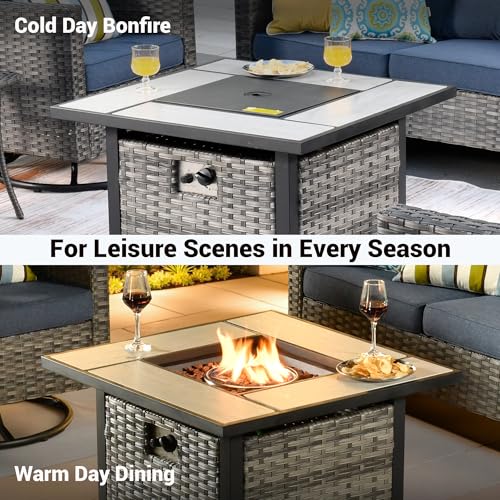 OVIOS 30\" Outdoor Propane Fire Pit Table, 50,000 BTU PE Rattan Weaved Firepits with Ceramic Tabletop, Waterproof Cover, Steel Lid, Lava Rock for Patio Deck Garden, Grey - Thumbnail 7