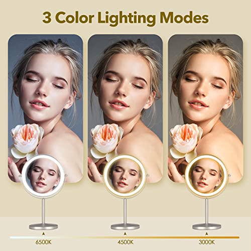 Rechargeable 8 Inch Desktop Vanity Mirror With Lights, 3 Colors 1X/10X Table Lighted Makeup Mirror With 360° Rotation Touch Screen, Led Dimmable Desk Lit Cosmetic Magnifying Mirror Brushed Nickel #TOP5