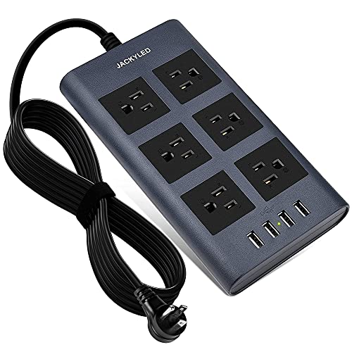 10 Ft Flat Plug Power Strip Surge Protector with USB, JACKYLED 1875W/15A Outlet Strip with 6 AC Wide Spaced Outlets 4 USB Ports, 14AWG Heavy Duty Extension Cord for Home Office Hotel Dorm, Blue Black