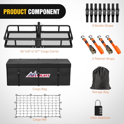 Image of Nilight 60 inch x 20 inchx 7.87 inch Folding Carrier Fits 2-Inch Receiver 500 Lbs Capacity Bag Net Ratchet Straps Lock Stabilizer for SUV Pickup RV Van