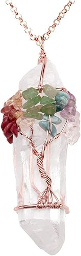 Miniatura 2 de Jovivi Paquete 2 artículos Collar de cuarzo transparente natural envuelto en alambre de árbol de la vida con piedras preciosas de chakras para