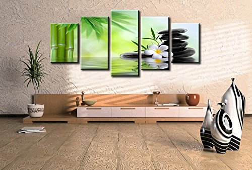 youkuart Canvas Prints Sk0028 Wall Art Stone, Bamboo Stretched and Framed Ready to Hang, 5 Panels Canvas Print Stone, Bamboo Photo Canvas Art for Home Decoration