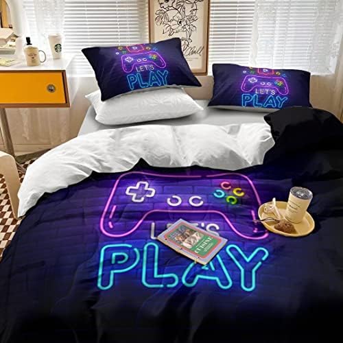 MILANKET Gaming Comforter for Boys Twin Size, Gamer Gamepad Kids Bedding Comforter Sets for Boys with 1 Comforter 2 Pillowcases, Abstract Neon Style, Geometry Brick Wall Video Game