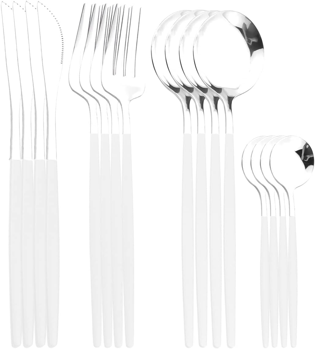 Gugrida 16Pcs Silver White 18/10 Stainless Steel Cutlery Set Steak Knife Fork Coffee Spoon Teaspoon Dinnerware Set Kitchen Mirror Finish Tableware Set
