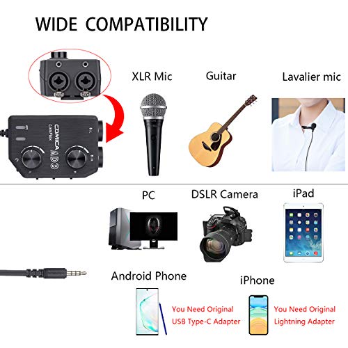 COMICA LINKFLEX.AD3 2-channel XLR/3.5mm Microphone Preamp Mixer with 48V Phantom Power, Real Time Monitor, Guitar Interface Preamp for DSLR Cameras, Camcorders, iPhone,iPad,Mac and Android Smartphones