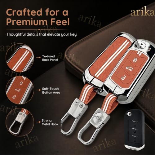 Image of Arika Metal Car Key Cover for Mahindra Scorpio N XUV300 XUV700 Tata Nexon Punch Altroz Tiago 2 /3 /4 Button Smart Key Case with Keychain (Key Shell-Brown)
