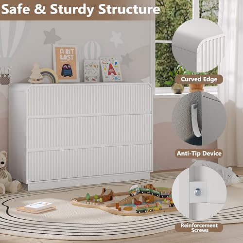 Image of BORNOON Dresser for Bedroom with 6 Drawers, Fluted Chest of Drawers with Round Curved Corner, Hidden Handles, Modern Wood Storage Organizer for Bedroom, Nursery, Living Room