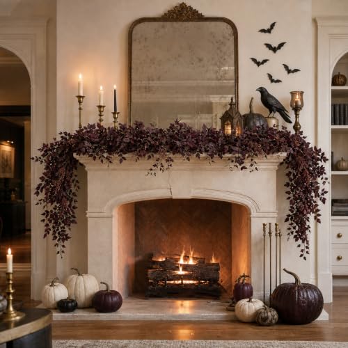 Image of Neutral Fall Garland for Mantle - 9Ft Plum Cimicifuga Seeded Leaf Garlands Purple Autumn Decor Fireplace and Table Decorations for Home Indoor Door Halloween Realistic Leaves Outdoor